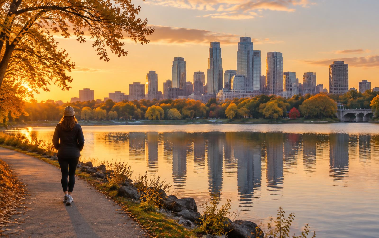 Person walking beside a Minneapolis city lake at golden hour